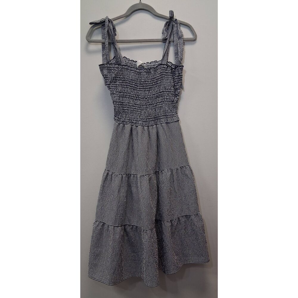 Heatherly womens small ruched midi dress gingham blue plaid tiered romantic